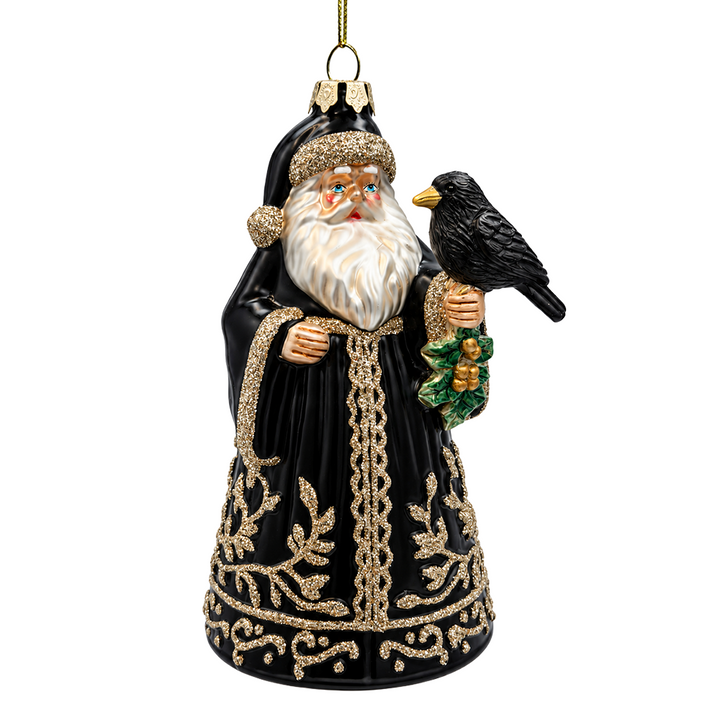 (PRE-ORDER) Victorian Gothic Santa with Raven Glass Christmas Ornament, Dark Holiday Tree Decor