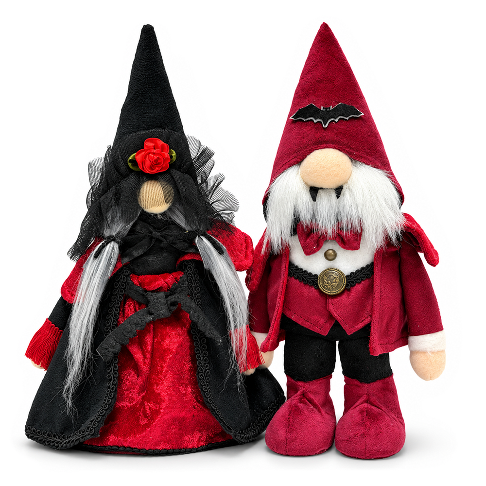 Victorian Vampire Plush Gnome Set of 2, Red and Black Gothic 11" Halloween Couple Decor