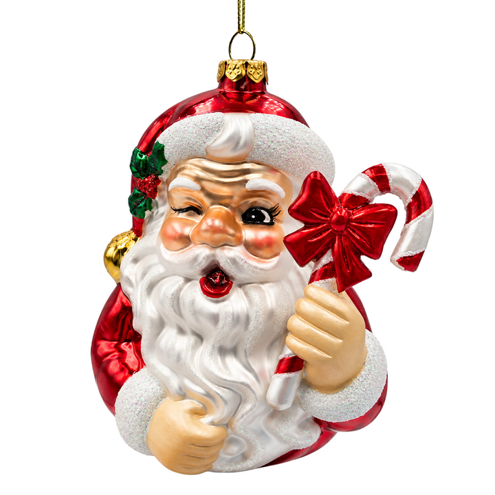 (PRE-ORDER) Vintage Santa with Candy Cane Glass Christmas Ornament, Classic Holiday Tree Decor