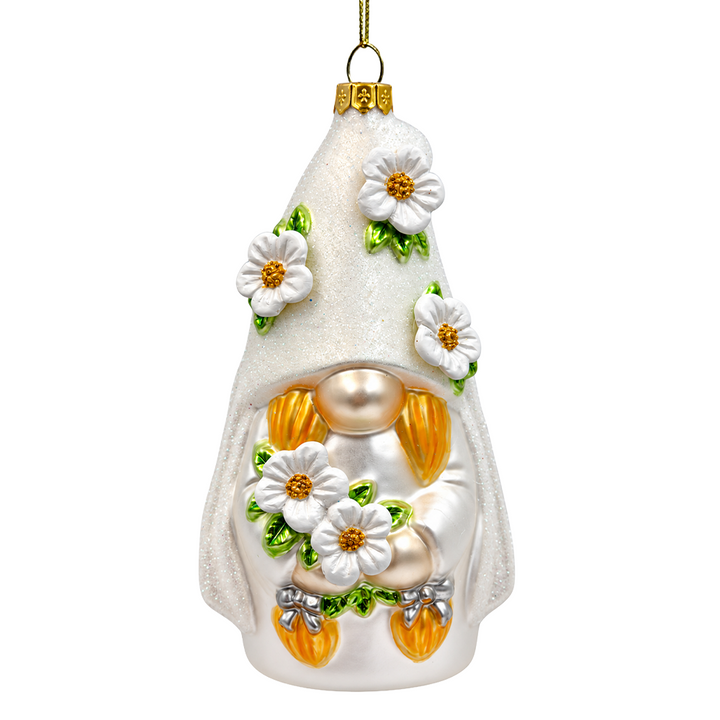(PRE-ORDER) Wedding Bride Gnome Glass Ornament, Bridal Shower Newlywed Keepsake and Wedding Tree Decor