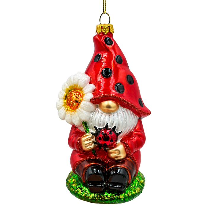 (PRE-ORDER) Whimsical Ladybug Gnome with Daisy Glass Christmas Ornament, Garden Gnome Holiday Tree Decor