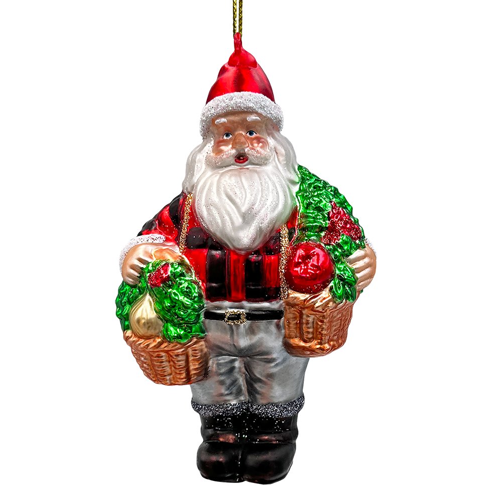 Wholesome Santa the Vegetable Farmer Glass Christmas Ornament, Farm Style Holding Potatoes, Lettuce, and Tomatoes Glass Ornament OrnamentallyYou 