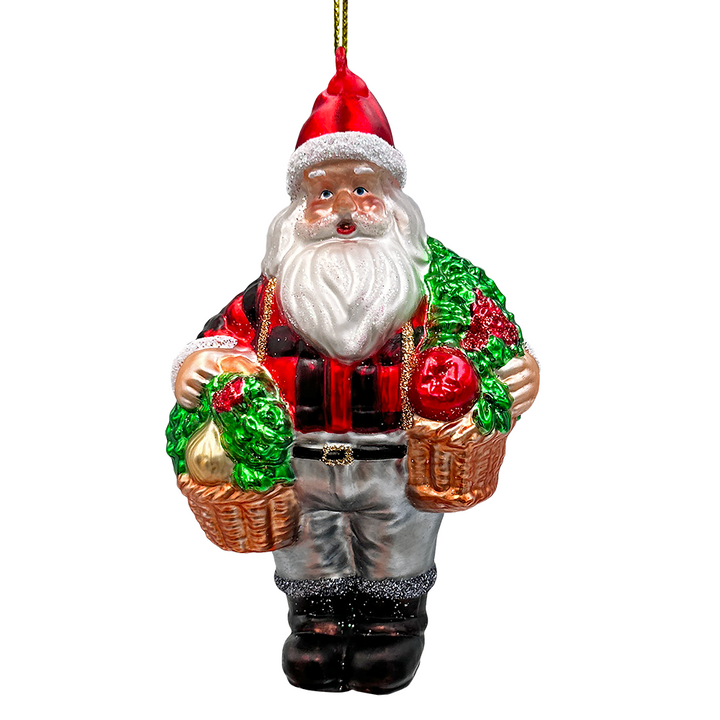 (Pre-Order) Wholesome Santa the Vegetable Farmer Glass Christmas Ornament, Farm Style Holding Potatoes, Lettuce, and Tomatoes