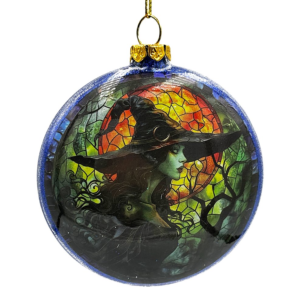 Witch and Black Cat Stained Glass Handblown Ornament, Spooky Halloween and Christmas Tree Decor Glass Ornament OrnamentallyYou 