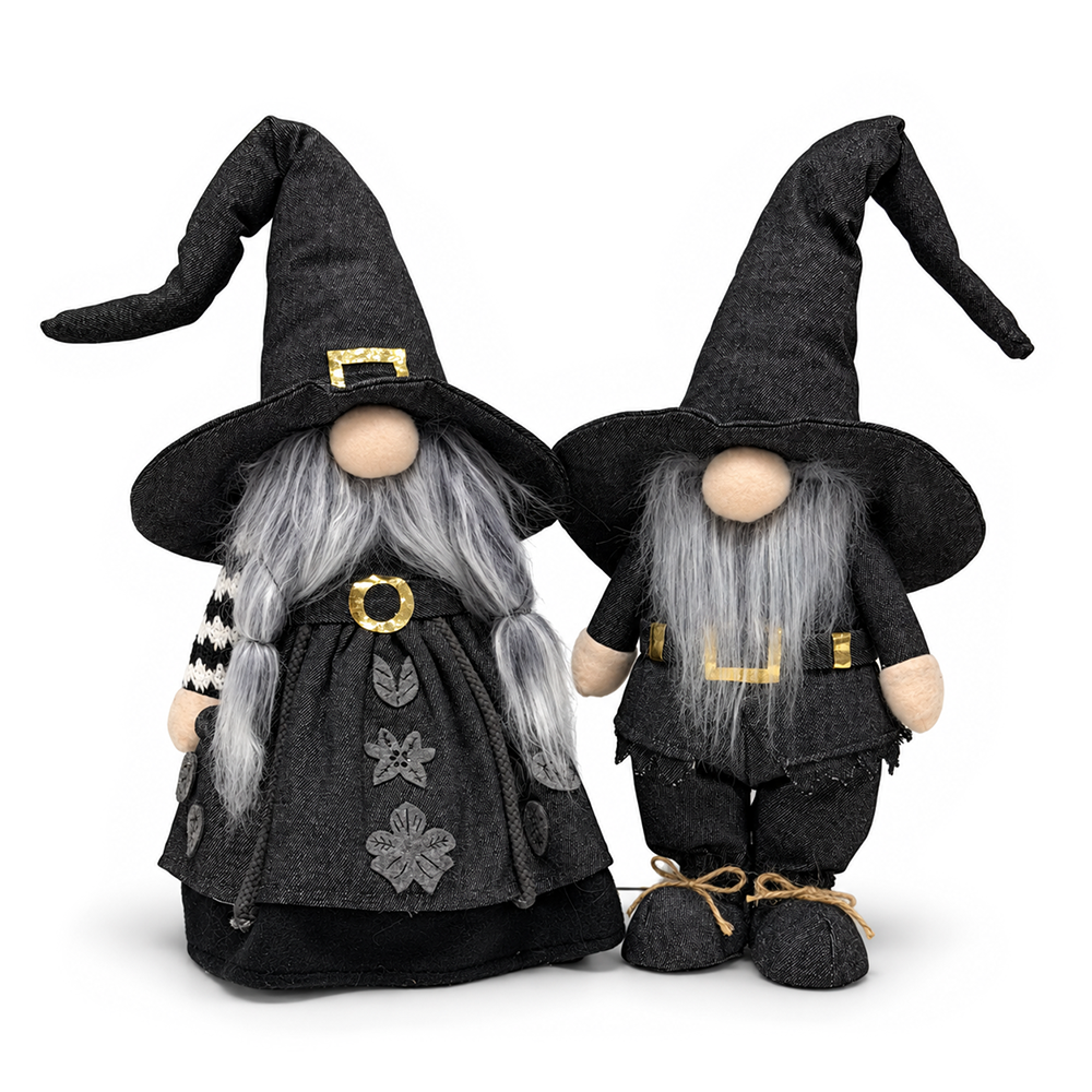 Witch and Warlock Plush Gnome Set of 2, Elegant Gothic 18" Halloween Home Decoration