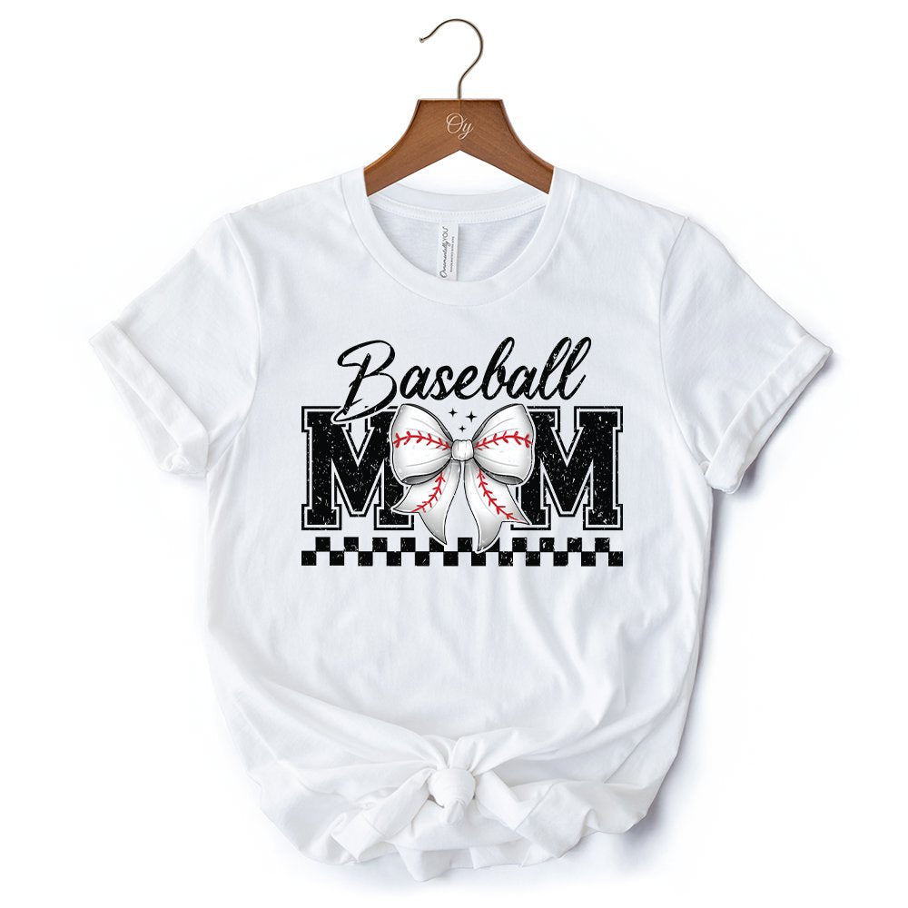 Baseball Mom Coquette Bow Retro T-Shirt, Stylish Game Day White Tee for Trendy and Proud Sports Mothers T-Shirts OrnamentallyYou 