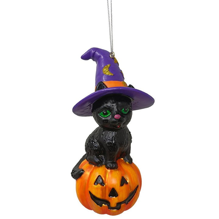 Black Cat on Pumpkin Spooky Glass Christmas Ornament, Witch Hat Halloween Theme Glass Ornament OrnamentallyYou 