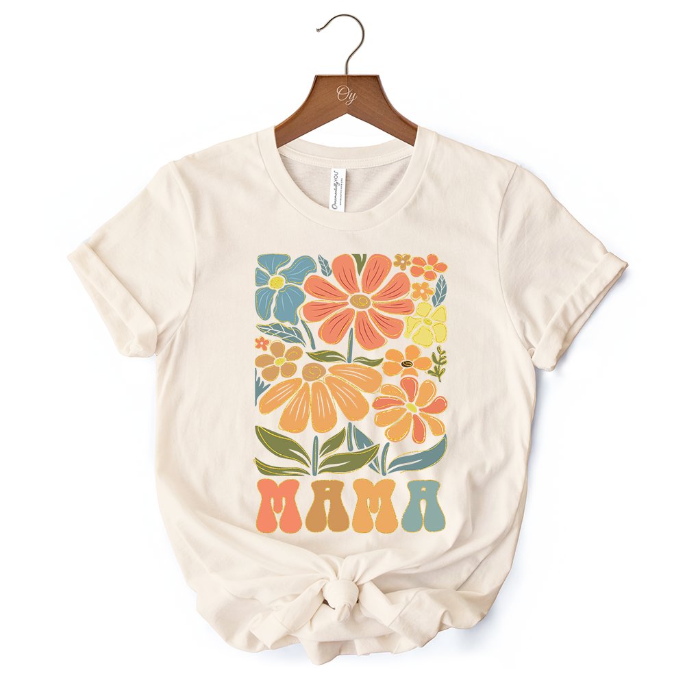 Boho Floral Mama T-Shirt, Natural and White Tee Large Flowers for Modern Moms T-Shirts OrnamentallyYou 
