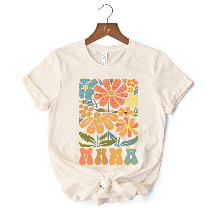 Boho Floral Mama T-Shirt, Natural and White Tee Large Flowers for Modern Moms