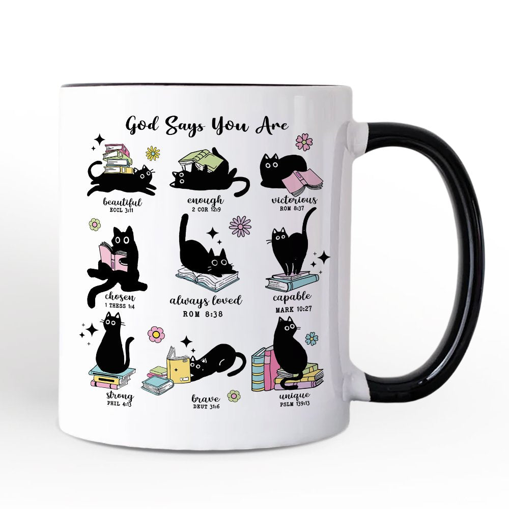 Book Cat God Says I Am Mug, Christian Bible Verse Faith Gift Personalized Ceramic Mug OrnamentallyYou 