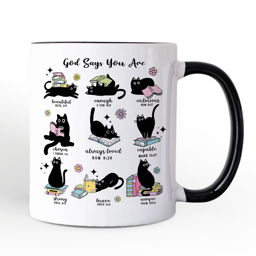 Book Cat God Says I Am Mug, Christian Bible Verse Faith Gift