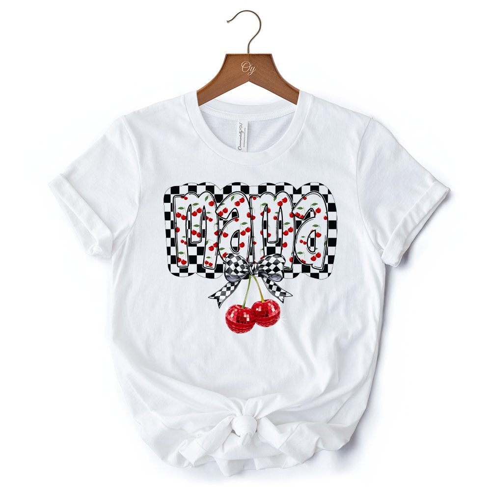 Checkered Cherry Disco Mama T-Shirt, White and Natural Coquette Bow Tee for Trendy Mothers T-Shirts OrnamentallyYou 
