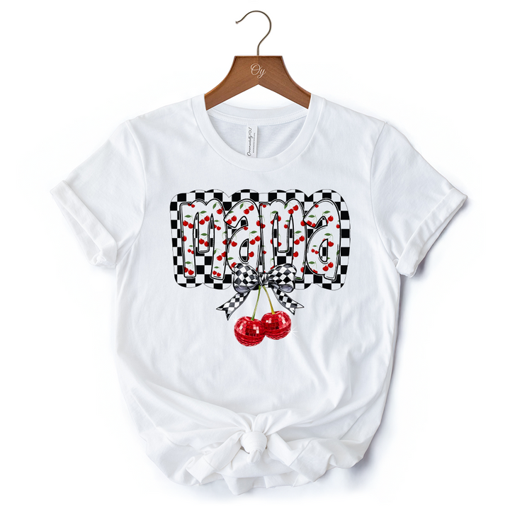 Checkered Cherry Disco Mama T-Shirt, White and Natural Coquette Bow Tee for Trendy Mothers