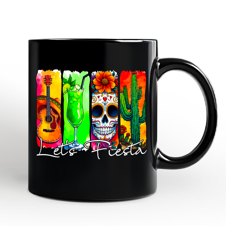 Cinco De Mayo Brushstroke Mexican Mug, Let’s Fiesta Guitar Margarita Skull Cactus Gift