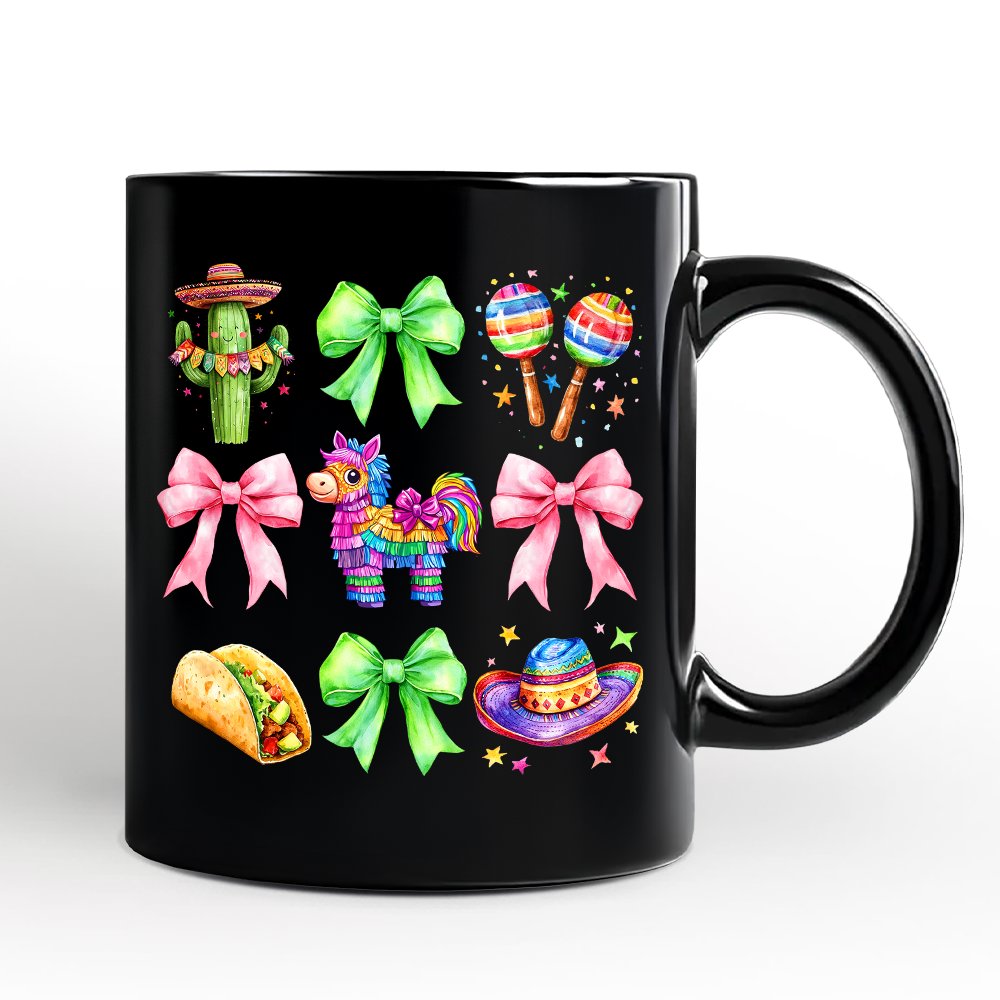 Cinco De Mayo Coquette Bow Mug, Mexican Fiesta Maracas Souvenir Gift Personalized Ceramic Mug OrnamentallyYou 