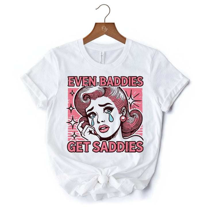 Even Baddies Get Saddies T-Shirt, Retro Crying Girl Pop Art White Tee for Stylish and Emotional Women T-Shirts OrnamentallyYou 