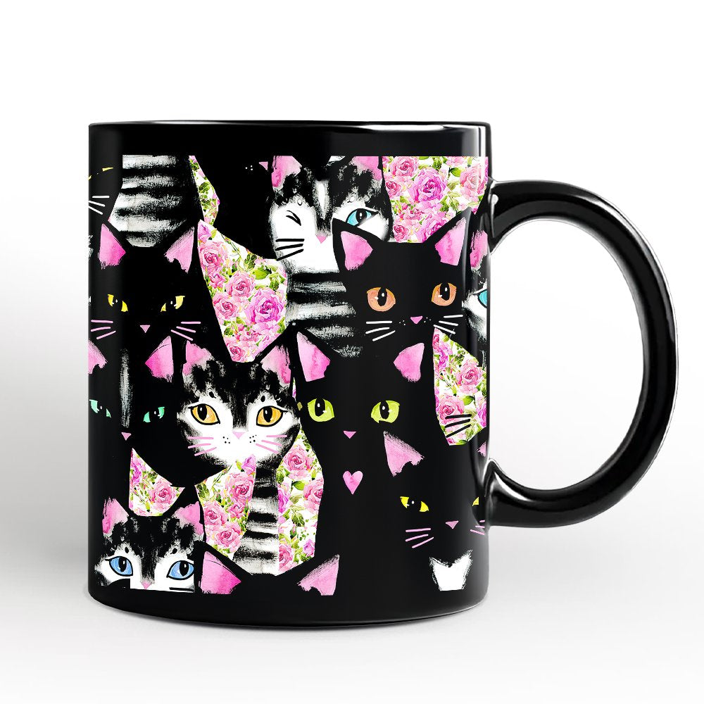 Floral Black And Pink Cats Pattern Cute Mug, Kitten Collage Gift for Cat Lovers Personalized Ceramic Mug OrnamentallyYou 