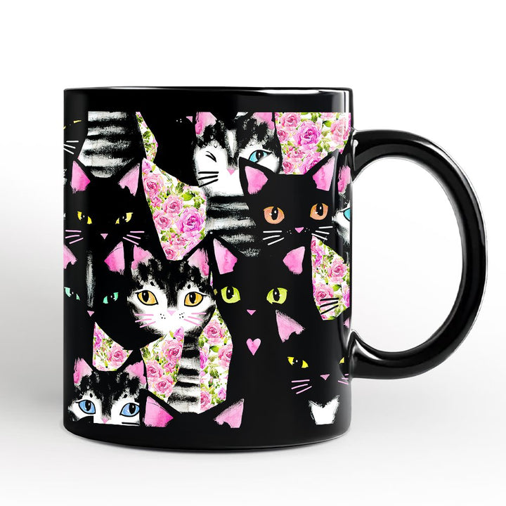 Floral Black And Pink Cats Pattern Cute Mug, Kitten Collage Gift for Cat Lovers Personalized Ceramic Mug OrnamentallyYou 