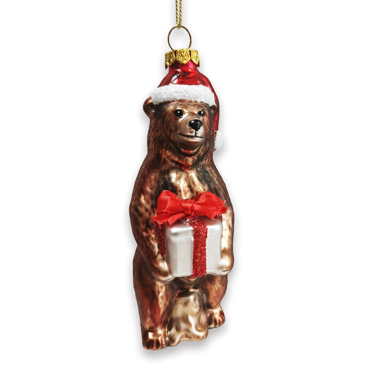Grizzly Bear with Santa Hat and Gift Glass Christmas Ornament Glass Ornament OrnamentallyYou 