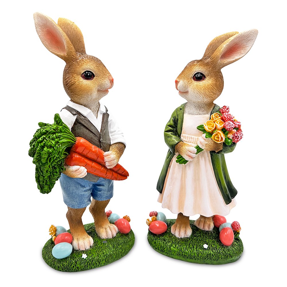 Harvest and Bloom Country Bunny Pair Figurine, 8" Rabbit Garden Statue Set Resin Statues OrnamentallyYou 