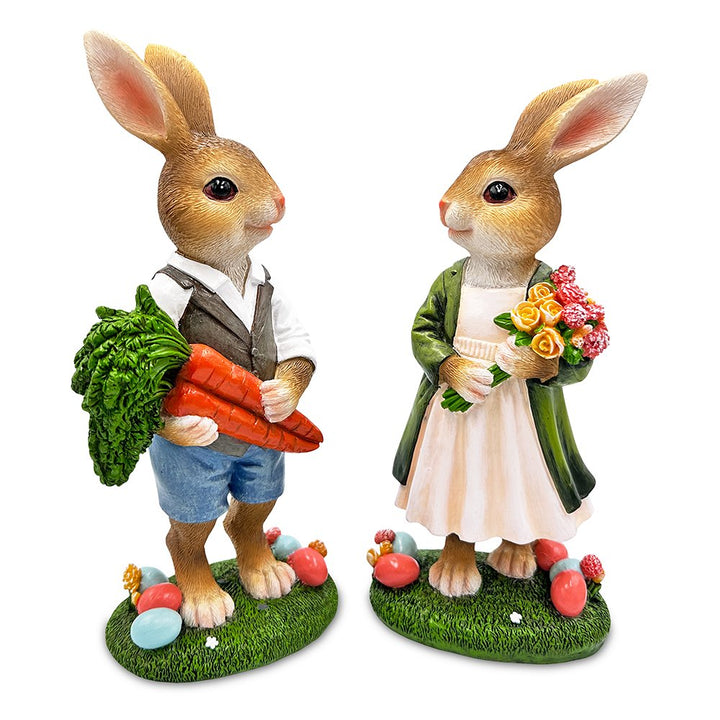 Harvest and Bloom Country Bunny Pair Figurine, 8" Rabbit Garden Statue Set Resin Statues OrnamentallyYou 