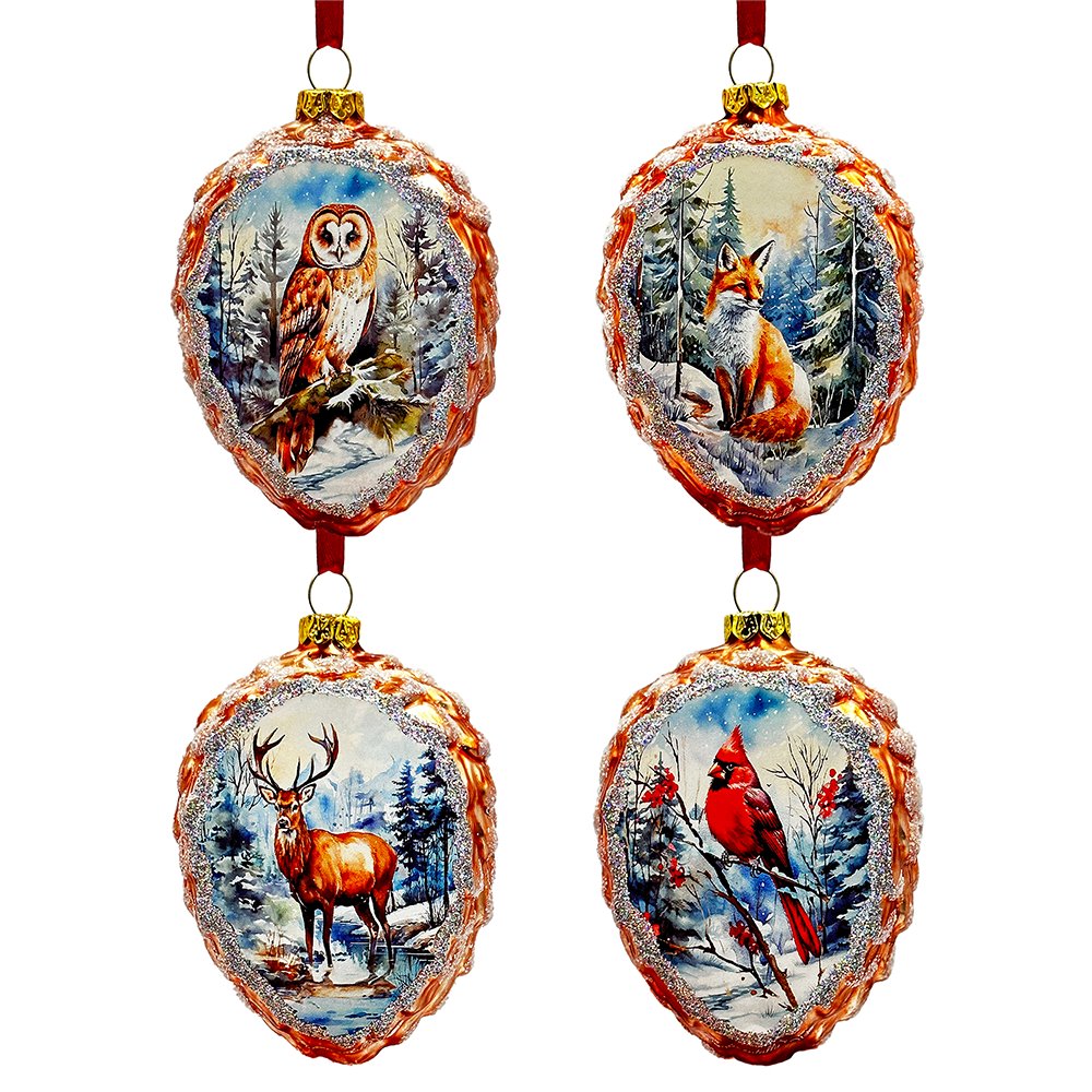 Illustrious Pinecone Beauties Woodland Animal Set of Four Glass Christmas Ornaments, Deer, Fox, Owl and Cardinal Vintage Winter Forest Decor Ornament Bundle OrnamentallyYou 
