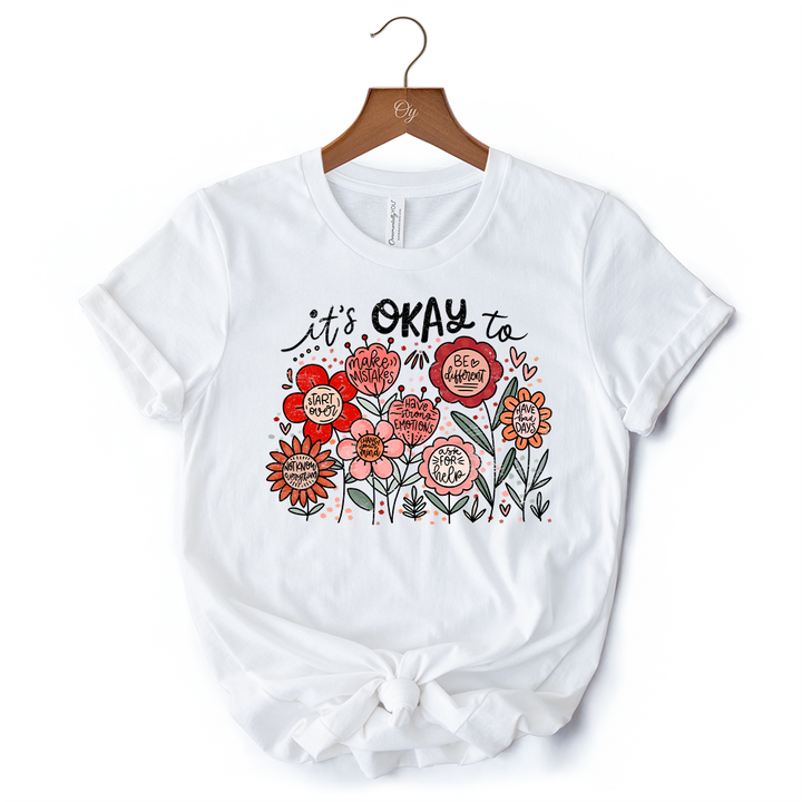 It's Okay Floral Affirmation T-Shirt, Boho White and Natural Motivational Tee for Kind and Inspirational Women