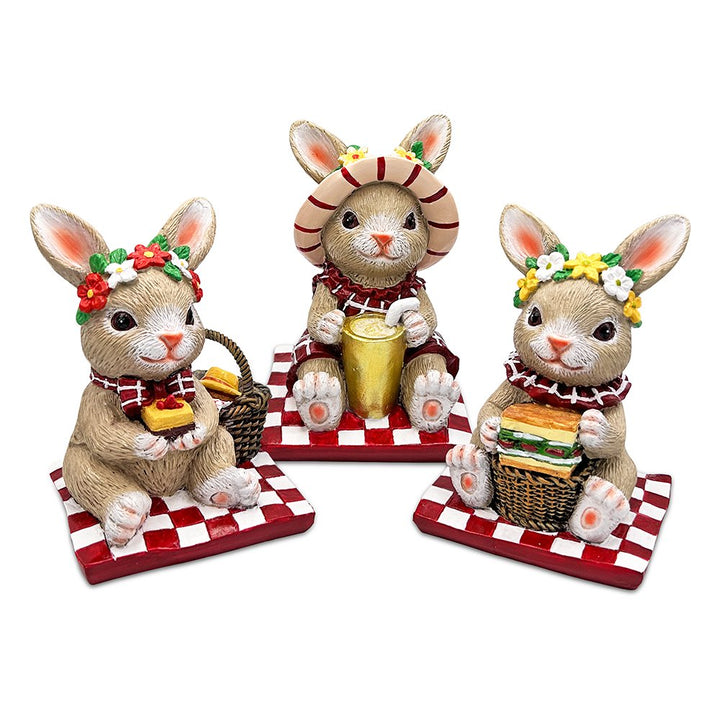 Joyful Picnic Gathering Bunny Trio Set of Three Figurines, Spring Rabbit Statue 4.5" Decor Resin Statues OrnamentallyYou 