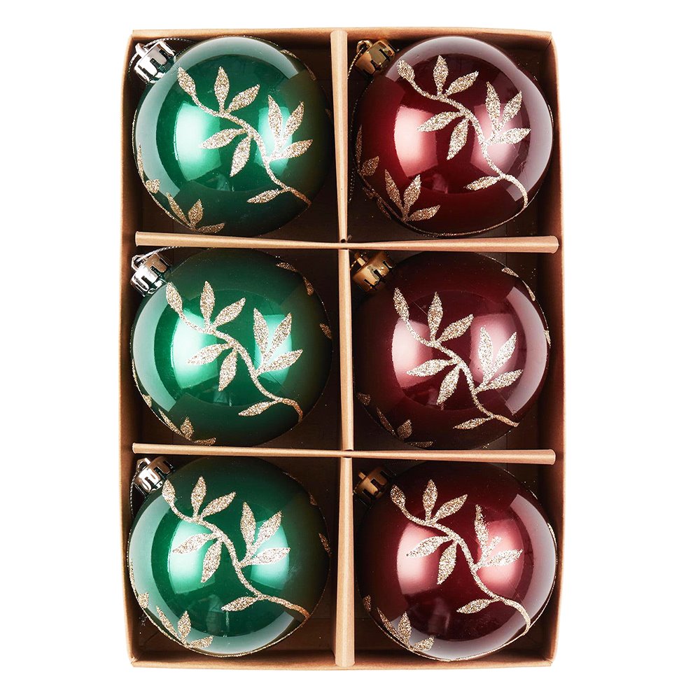 Majestic Gold Glittered Floral Bauble Christmas Ornament Set, 6 Pieces of Maroon and Green Round Tree Balls Ornament Bundle OrnamentallyYou 