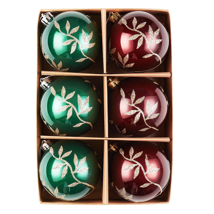 Majestic Gold Glittered Floral Bauble Christmas Ornament Set, 6 Pieces of Maroon and Green Round Tree Balls Ornament Bundle OrnamentallyYou 