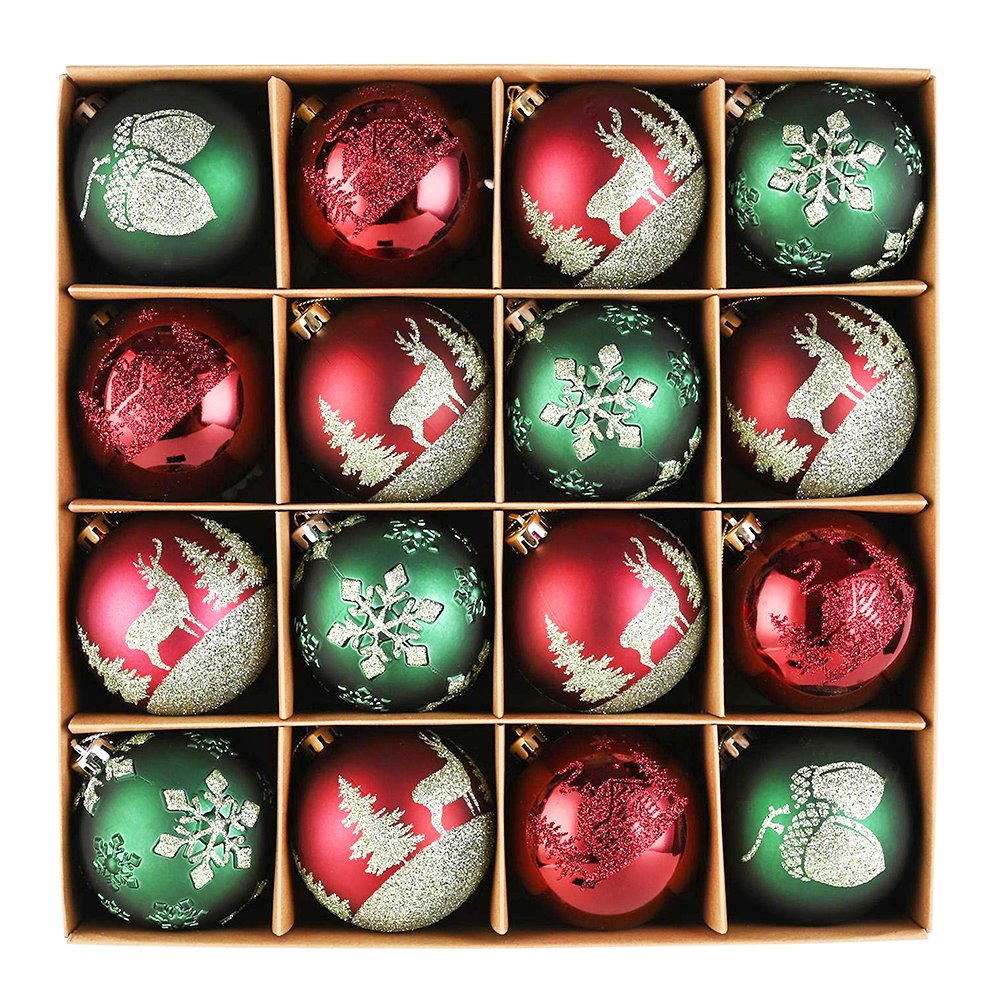 Majestic Winterly Nature Glittered Ornament Bauble Set, Red and Green Balls Bundle with Acorns, Snowflakes, and Spruce Tree Accents Ornament Bundle OrnamentallyYou 