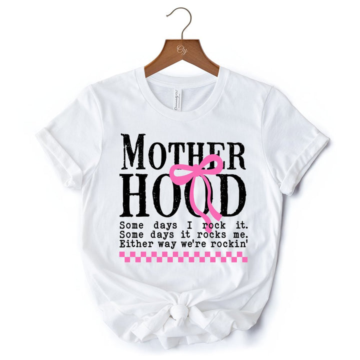Motherhood Coquette Pink Bow T-Shirt, Retro Checkered White Tee for Sassy and Stylish Moms T-Shirts OrnamentallyYou 