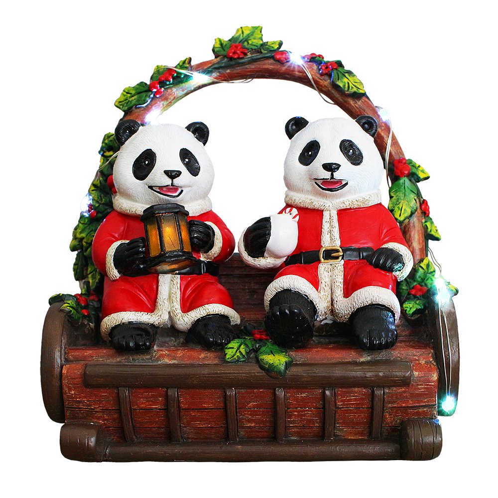 Nostalgic Panda Duo Festive Lighted Figurine, 6" LED Christmas Bear Statue Resin Statues OrnamentallyYou 
