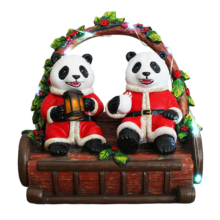 Nostalgic Panda Duo Festive Lighted Figurine, 6" LED Christmas Bear Statue Resin Statues OrnamentallyYou 
