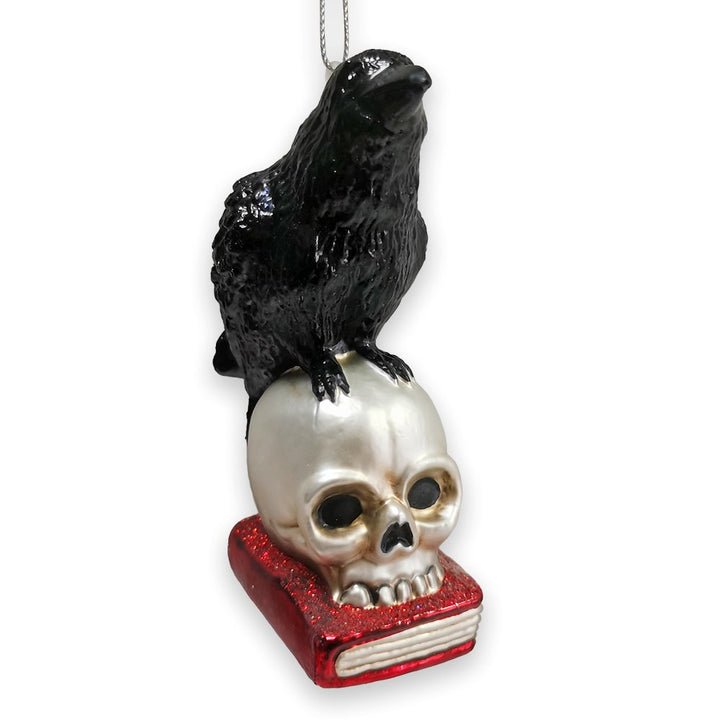 Raven on Skull and Book Glass Ornament, Horror Edgar Allan Poe Decoration Glass Ornament OrnamentallyYou 