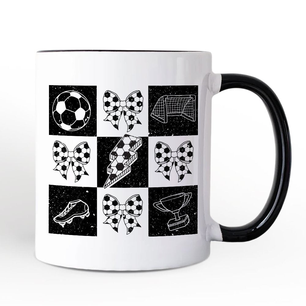 Retro Checkered Soccer Mug, Coquette Bow Game Day Gift Personalized Ceramic Mug OrnamentallyYou 