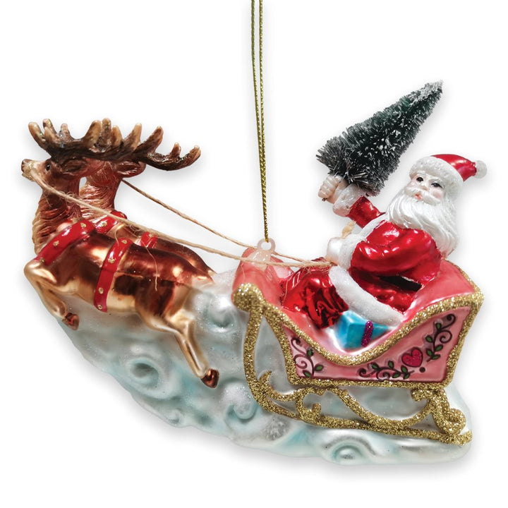 Santa Sleigh and Reindeer Elegant Christmas Ornament, Holiday Blown Glass Figurine Glass Ornament OrnamentallyYou 