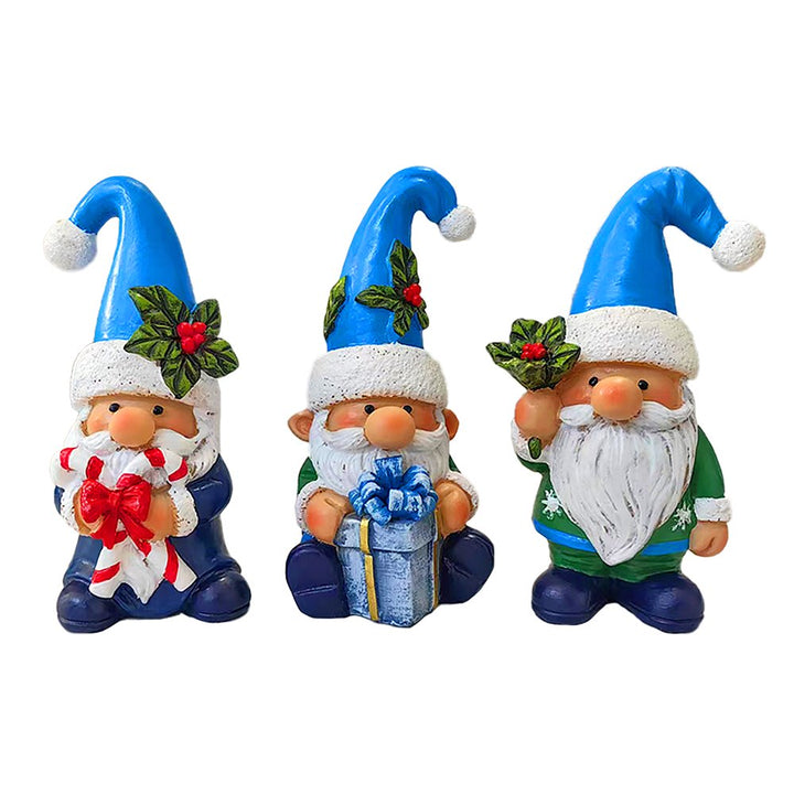 Sky Blue Hat Festive Holiday Gnome Set of Three Miniature Christmas Tabletop Figurine Statues Resin Statues OrnamentallyYou 