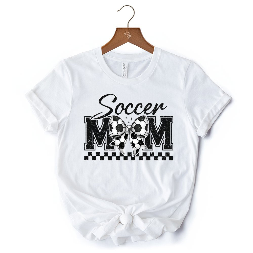Soccer Mom Coquette Bow Retro T-Shirt, Stylish Game Day White Tee for Trendy and Proud Sports Mothers T-Shirts OrnamentallyYou 