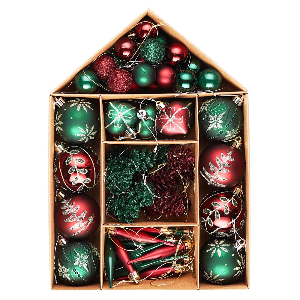 Sophisticated Red and Green Saturated Ornament Ball Bundle Set, Refined Forest Nature Glittered Patterns on Baubles, 70 Pieces Ornament Bundle OrnamentallyYou 