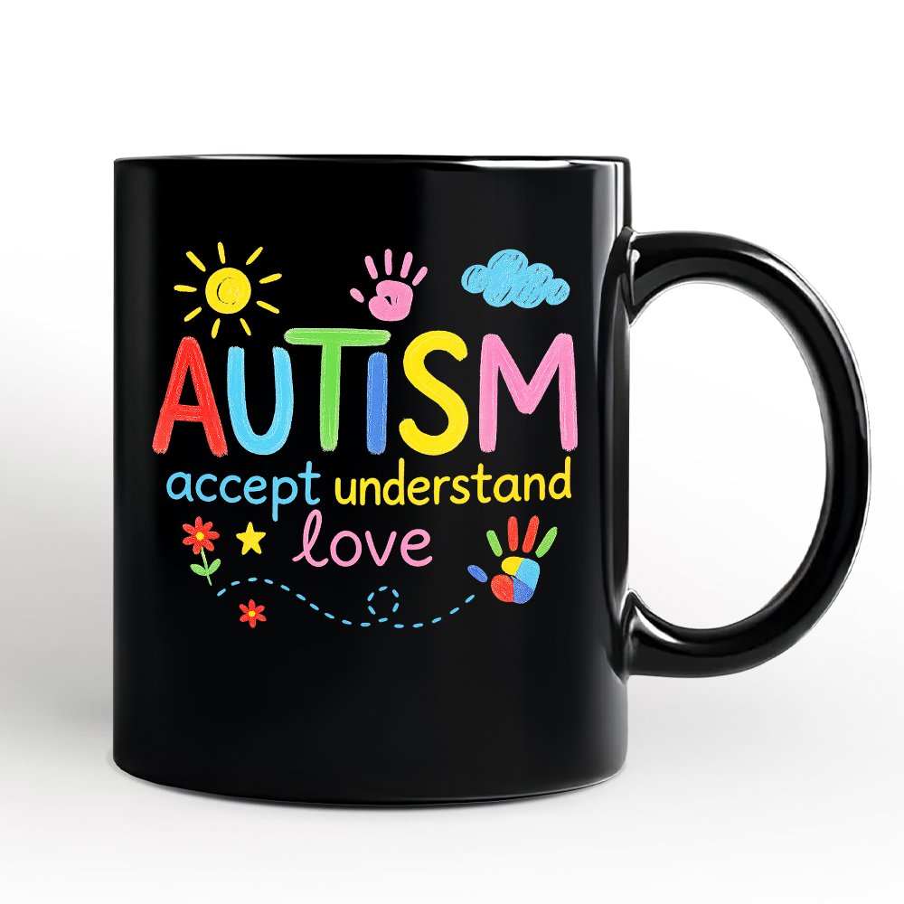 Autism Awareness Brushstroke Personalized Mug, Colorful Autism Support Gift for Autism Month with Custom Name Personalized Ceramic Mug OrnamentallyYou Black Non-Custom 