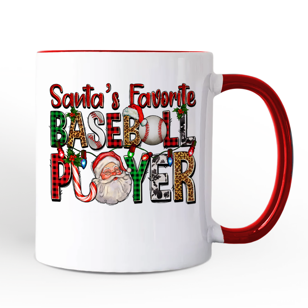 Santa’s Favorite Baseball Player Personalized Mug, Plaid Christmas Athelete Gift with Custom Name