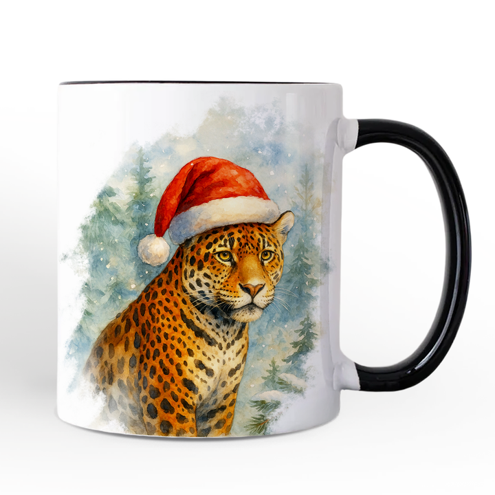 Watercolor Jaguar in Santa Hat Christmas Personalized Mug, Exotic Wildlife Holiday Gift with Custom Name