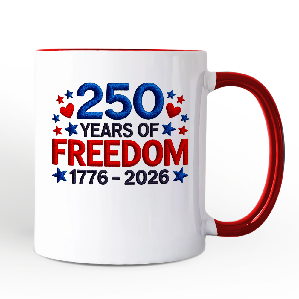 250 Years Freedom Faux Varsity Patch Personalized Mug, 4th of July USA Patriotic 1776–2026 Gift with Custom Name