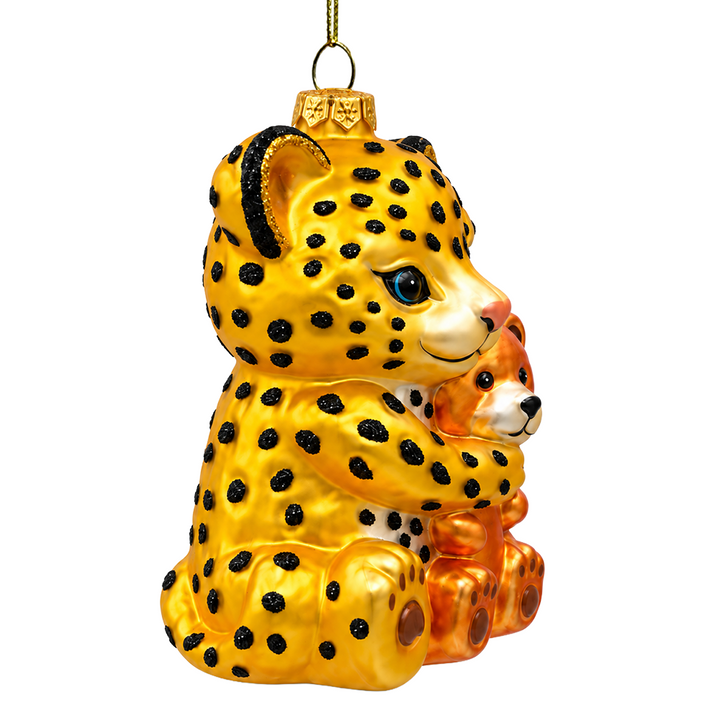 (PRE-ORDER) Adorable Leopard Hugging Bear Glass Christmas Ornament, Cute Jungle Animal Holiday Decor