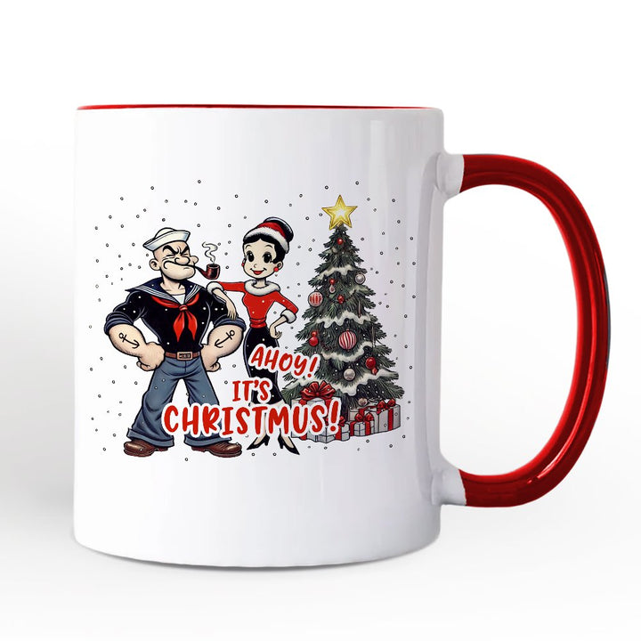 Ahoy! It's Christmus! Popeye and Olive Personalized Mug, Vintage Sailor Christmas Gift with Custom Name Personalized Ceramic Mug OrnamentallyYou White - Red Non-Custom 