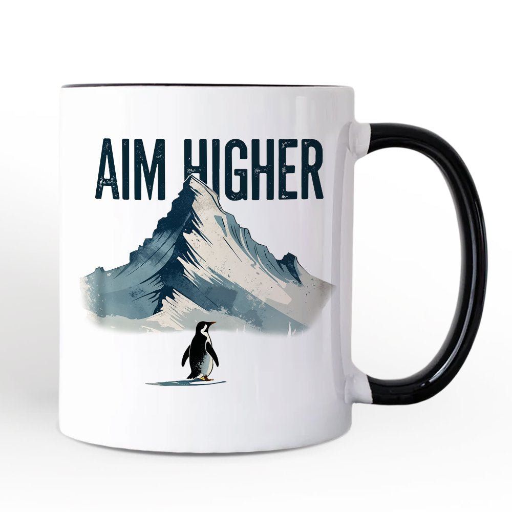 Aim Higher Penguin Personalized Mug, Vintage Mountain Motivational Quote Gift with Custom Name Personalized Ceramic Mug OrnamentallyYou Black Handle Regular 