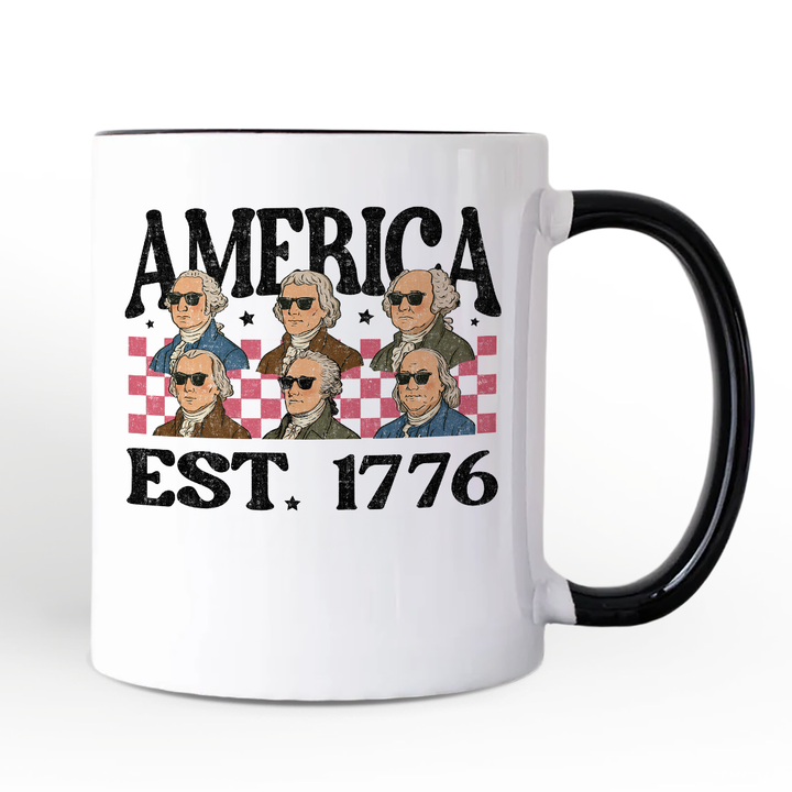 America Est 1776 Founding Fathers Vintage Personalized Mug, Retro Patriotic Gift with Custom Name