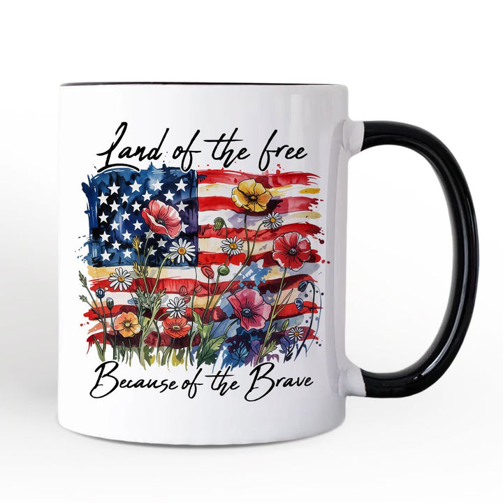 American Flag Floral Wildflower Personalized Mug, Patriotic Boho USA 4th of July Gift with Custom Name Personalized Ceramic Mug OrnamentallyYou Black Handle Non-Custom 