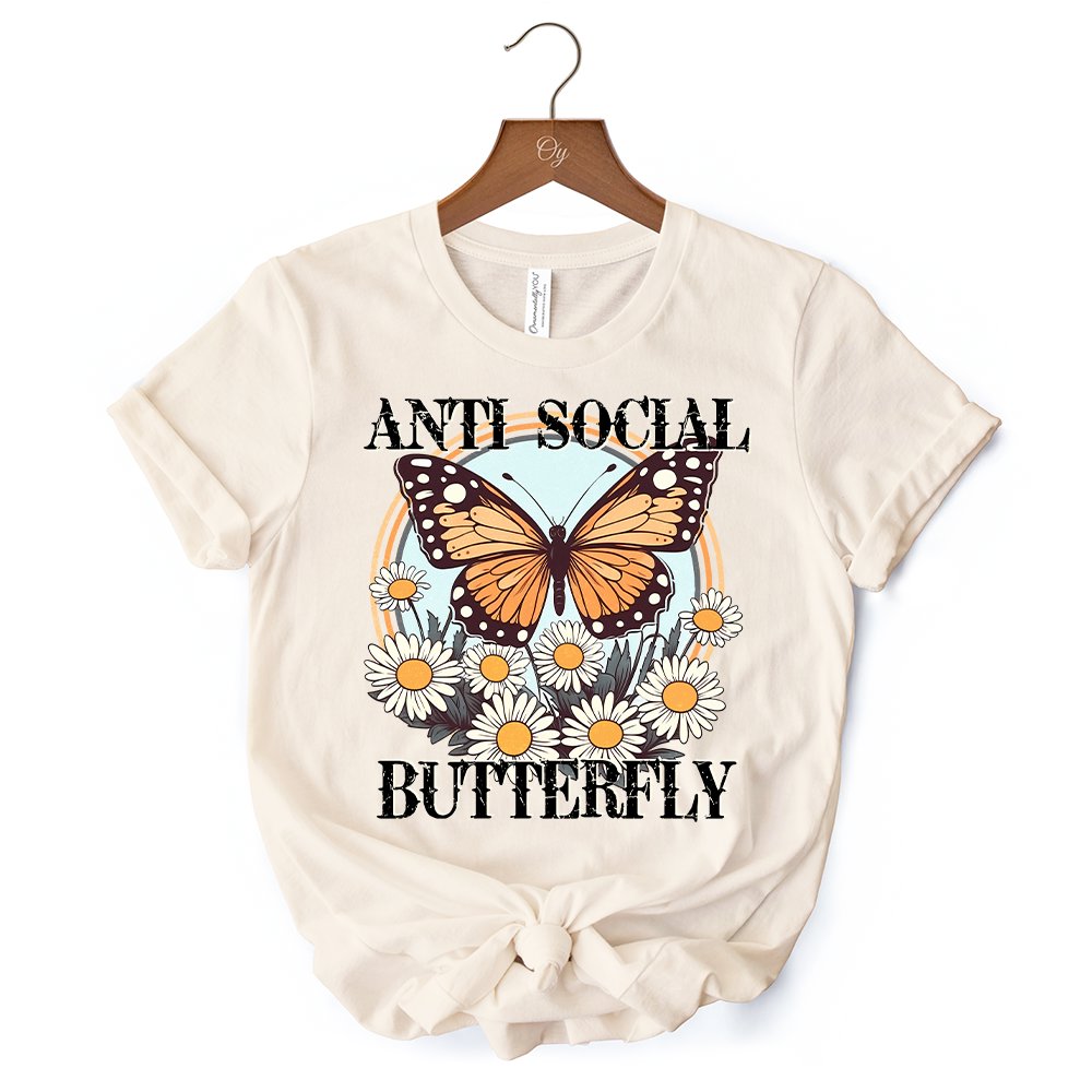 Anti Social Butterfly T-Shirt, Retro White and Natural Tee for Quirky and Independent Women T-Shirts OrnamentallyYou 